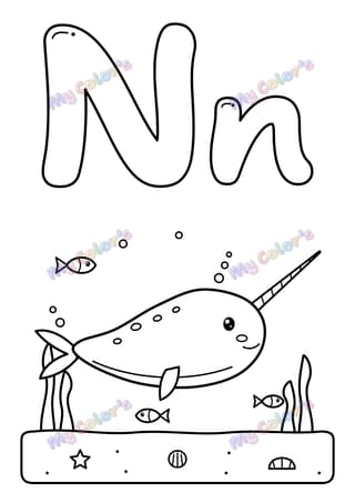 Letter N for narwhal printable coloring page