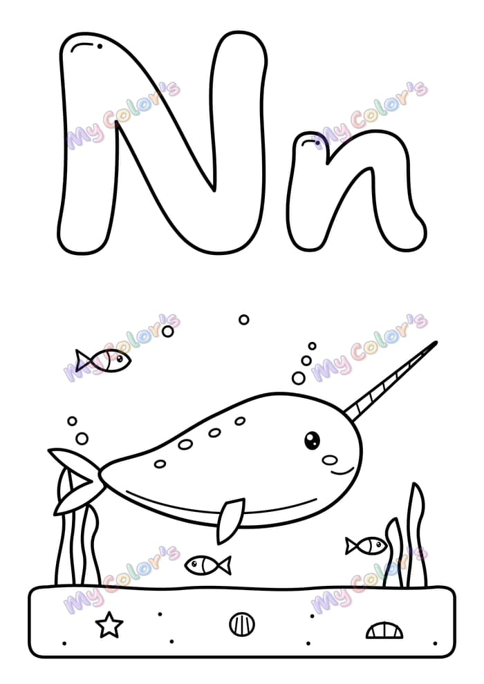 Coloriage La lettre N comme narval à imprimer