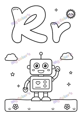 Letter R for robot printable coloring page