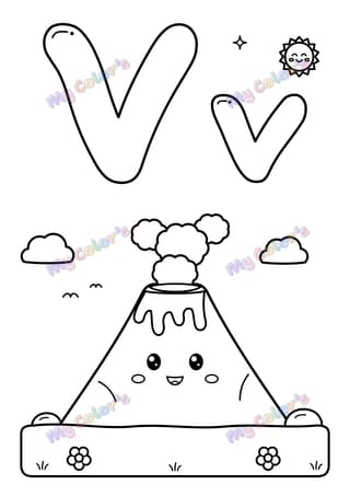 Letter V for volcano printable coloring page