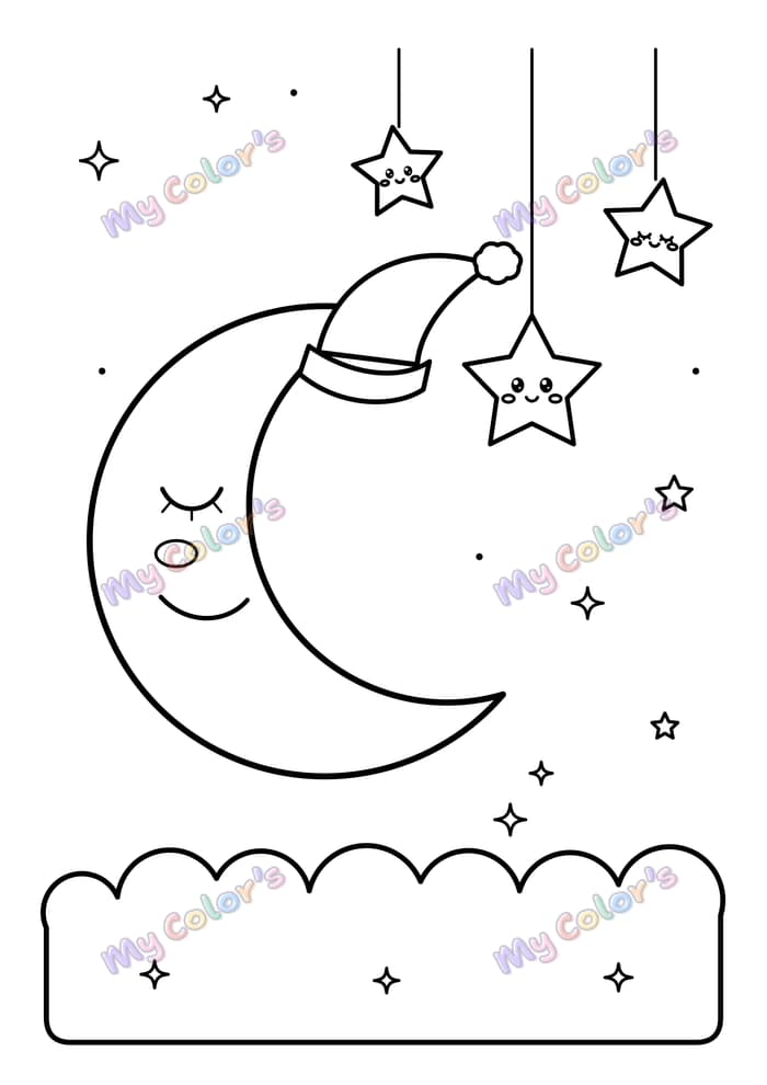 Coloriage La lune souriante et les étoiles à imprimer