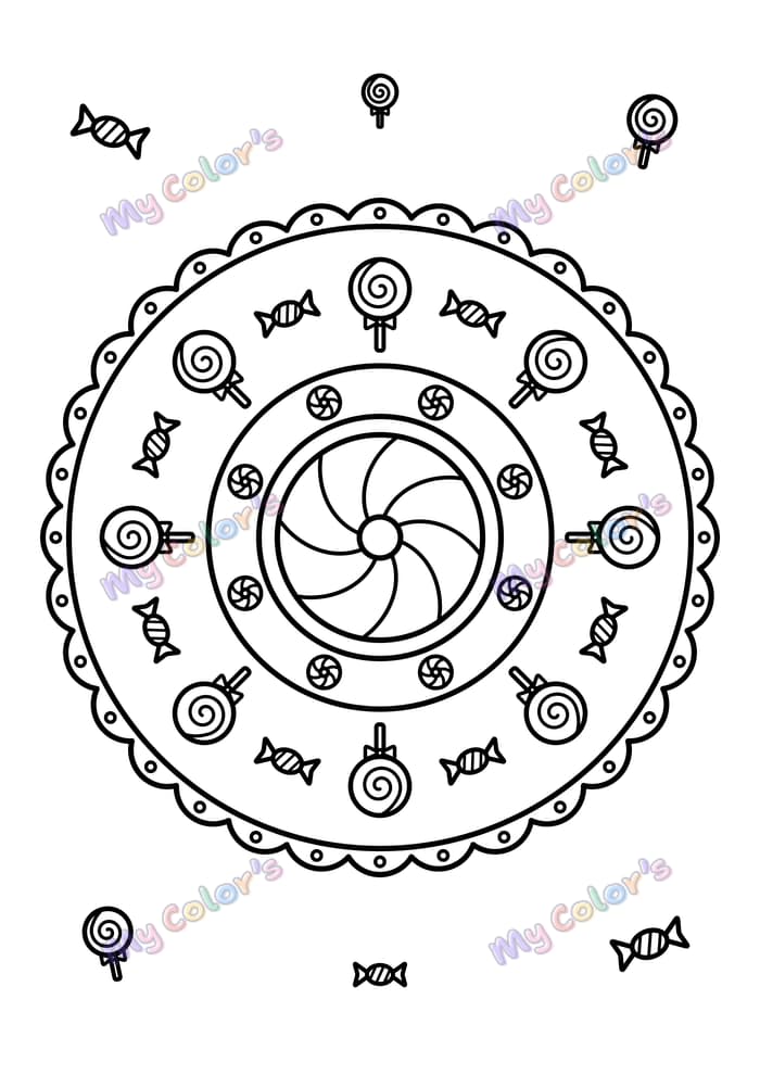 Coloriage Mandala bonbons et sucettes à imprimer