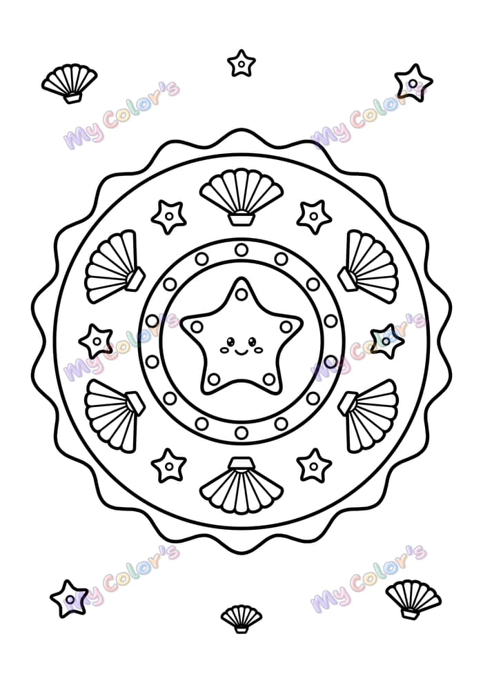 Coloriage Mandala coquillages et étoiles de mer à imprimer