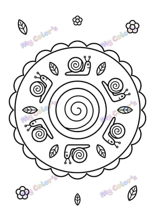 Coloriage Mandala escargots et feuilles à imprimer