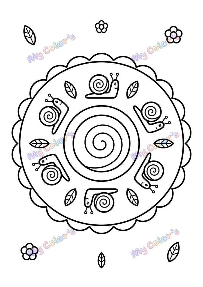 Coloriage Mandala escargots et feuilles à imprimer
