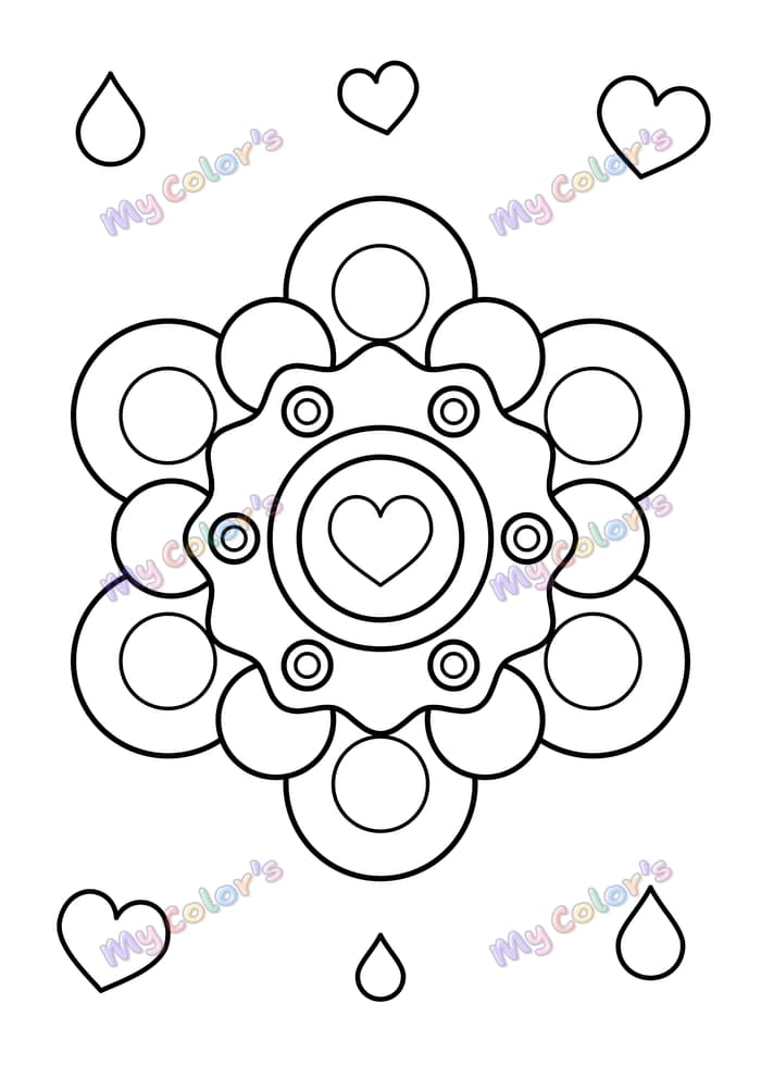 Coloriage Mandala gros pétales et cœur à imprimer