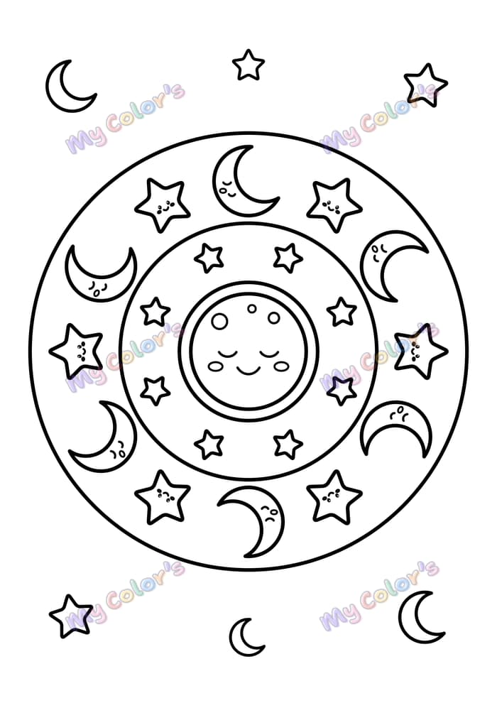 Coloriage Mandala lunes et étoiles à imprimer
