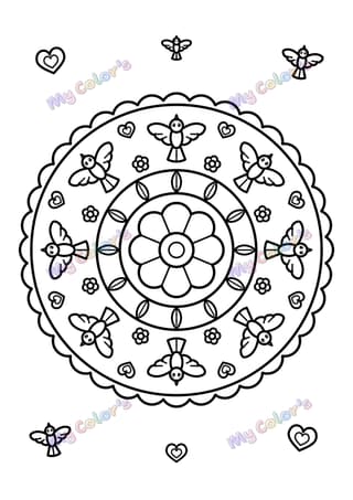 Coloriage Mandala oiseaux et cœurs à imprimer