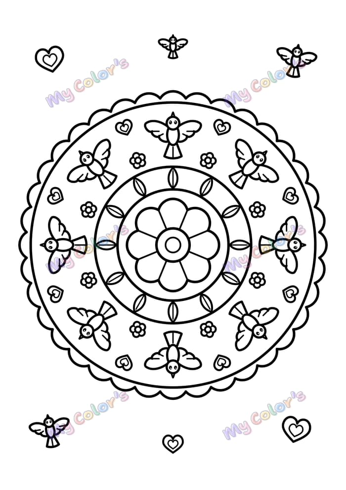 Coloriage Mandala oiseaux et cœurs à imprimer