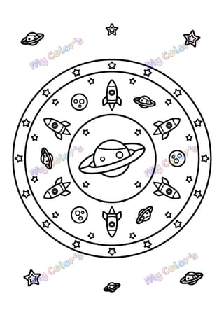 Coloriage Mandala planètes et fusées à imprimer
