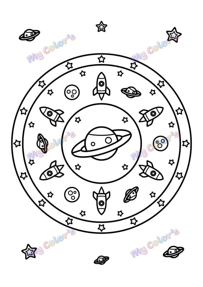 Coloriage Mandala planètes et fusées à imprimer