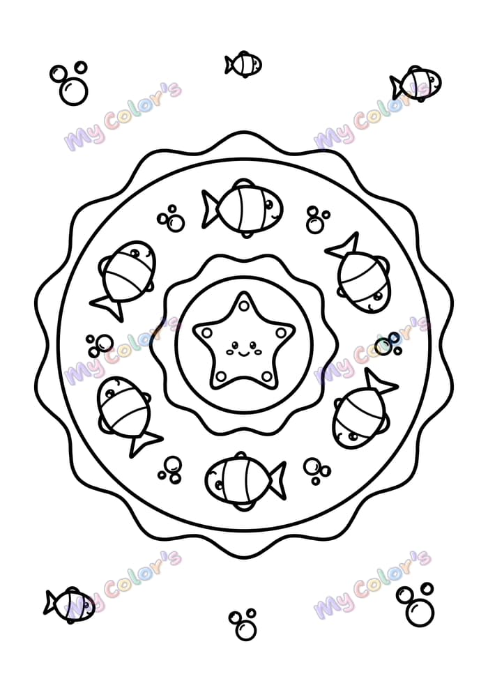 Coloriage Mandala poissons et vagues à imprimer