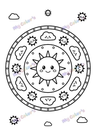 Coloriage Mandala soleils et nuages à imprimer