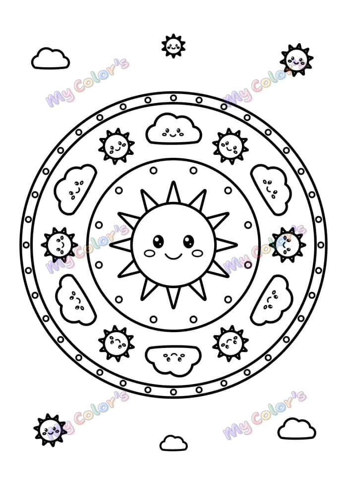 Coloriage Mandala soleils et nuages à imprimer