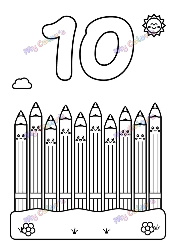 Coloriage Le nombre 10 et dix crayons à imprimer