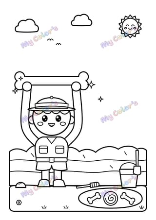 Coloriage Le petit paléontologue qui trouve un os à imprimer