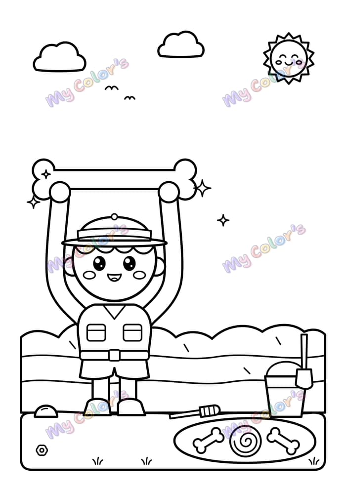 Coloriage Le petit paléontologue qui trouve un os à imprimer