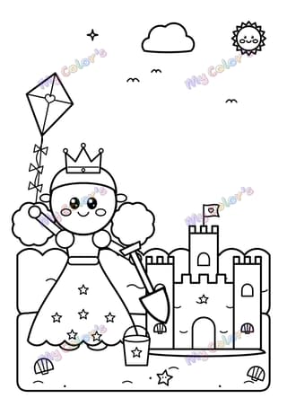 Coloriage La petite reine et son château de sable à imprimer