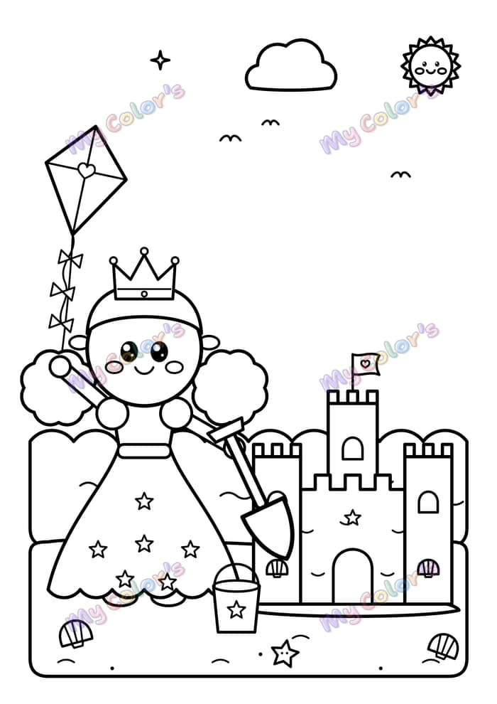 Coloriage La petite reine et son château de sable à imprimer