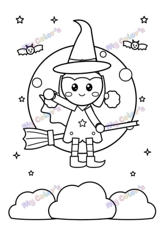 Coloriage La petite sorcière sur son balai à imprimer