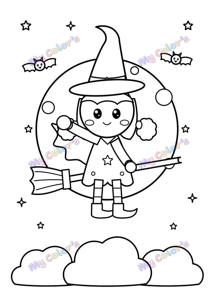 Coloriage La petite sorcière sur son balai à imprimer