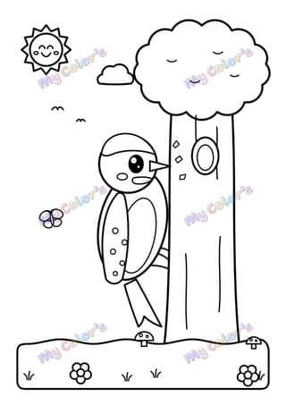 Coloriage Le pic-vert sur son arbre à imprimer