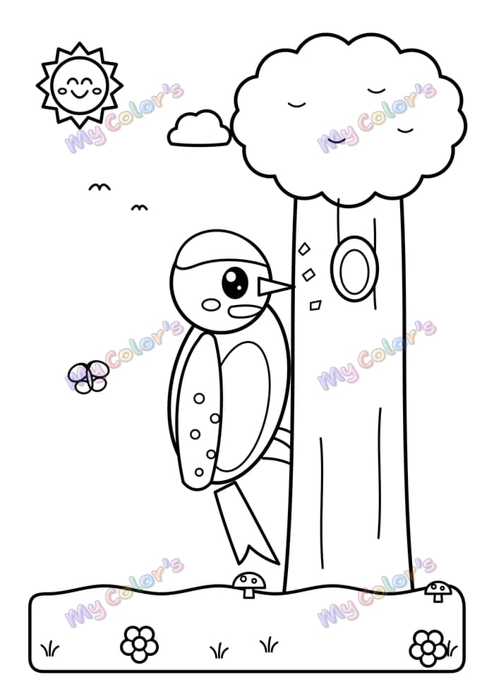 Coloriage Le pic-vert sur son arbre à imprimer