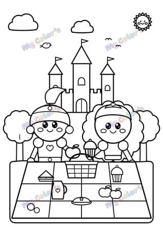 Coloriage Le pique-nique au château à imprimer