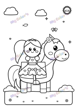 Coloriage La princesse cavalière sur son poney à imprimer