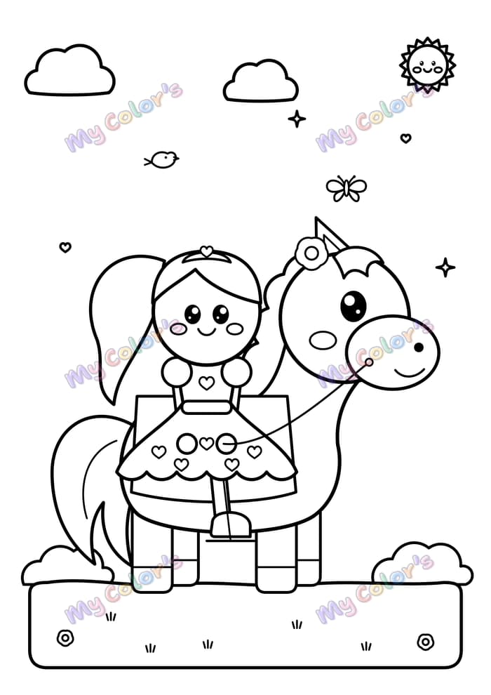 Coloriage La princesse cavalière sur son poney à imprimer