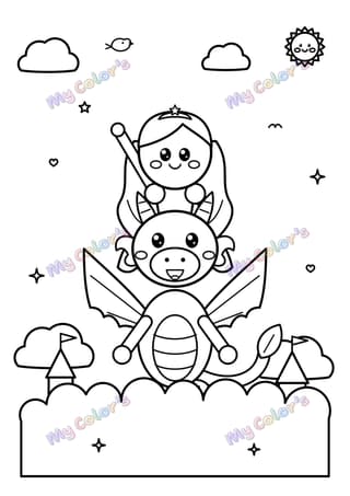 Coloriage La princesse et le bébé dragon dans les nuages à imprimer