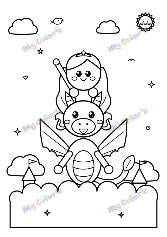 Coloriage La princesse et le bébé dragon dans les nuages à imprimer