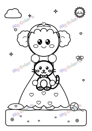 Coloriage La princesse et son petit chat à imprimer
