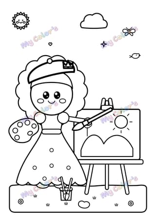 Coloriage La princesse qui peint un tableau à imprimer