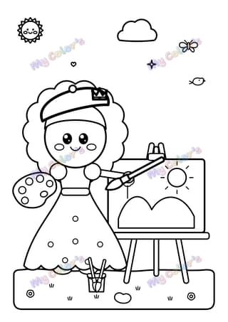 Coloriage La princesse qui peint un tableau à imprimer