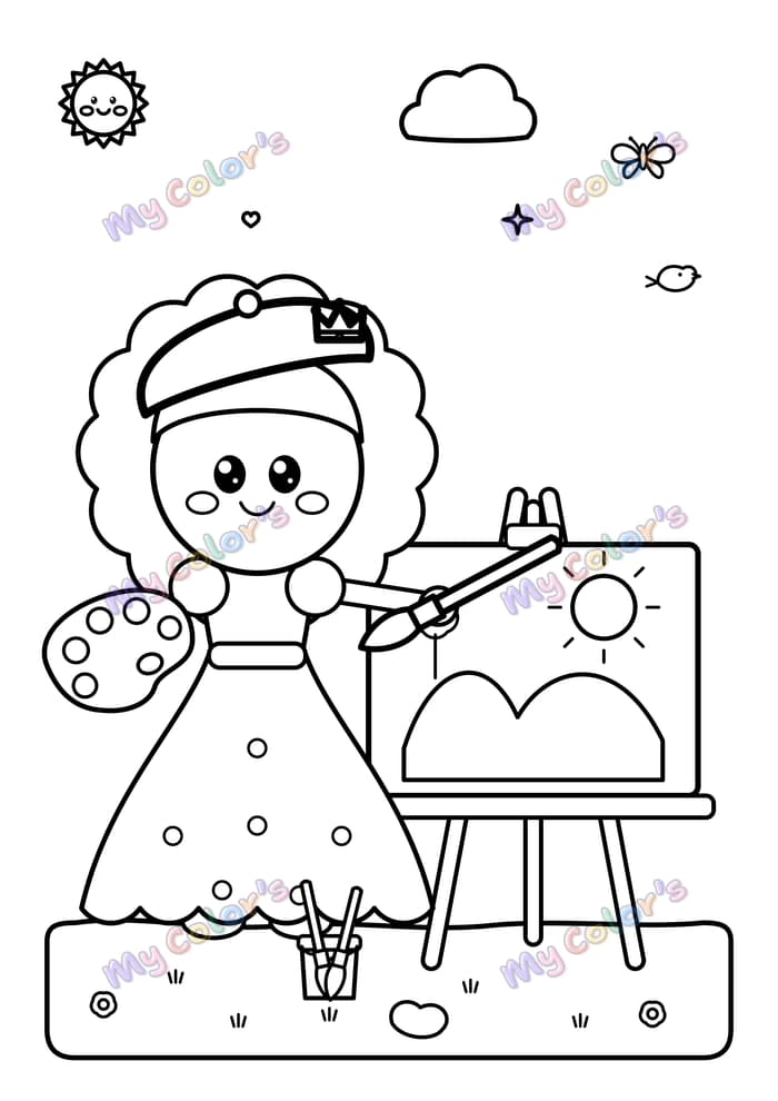 Coloriage La princesse qui peint un tableau à imprimer