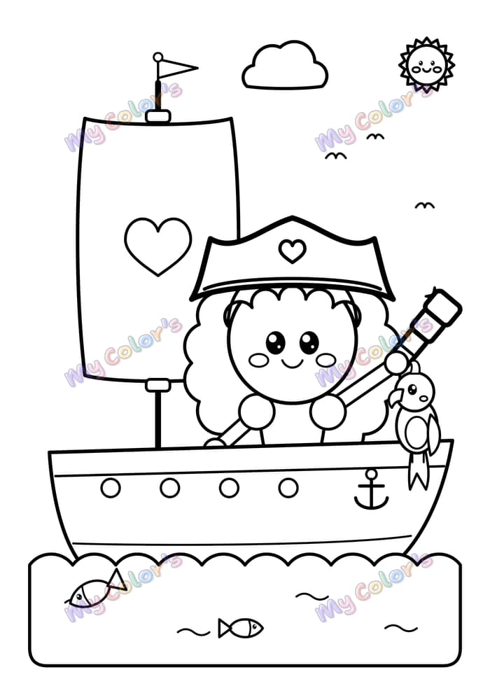 Coloriage La princesse pirate sur son bateau à imprimer