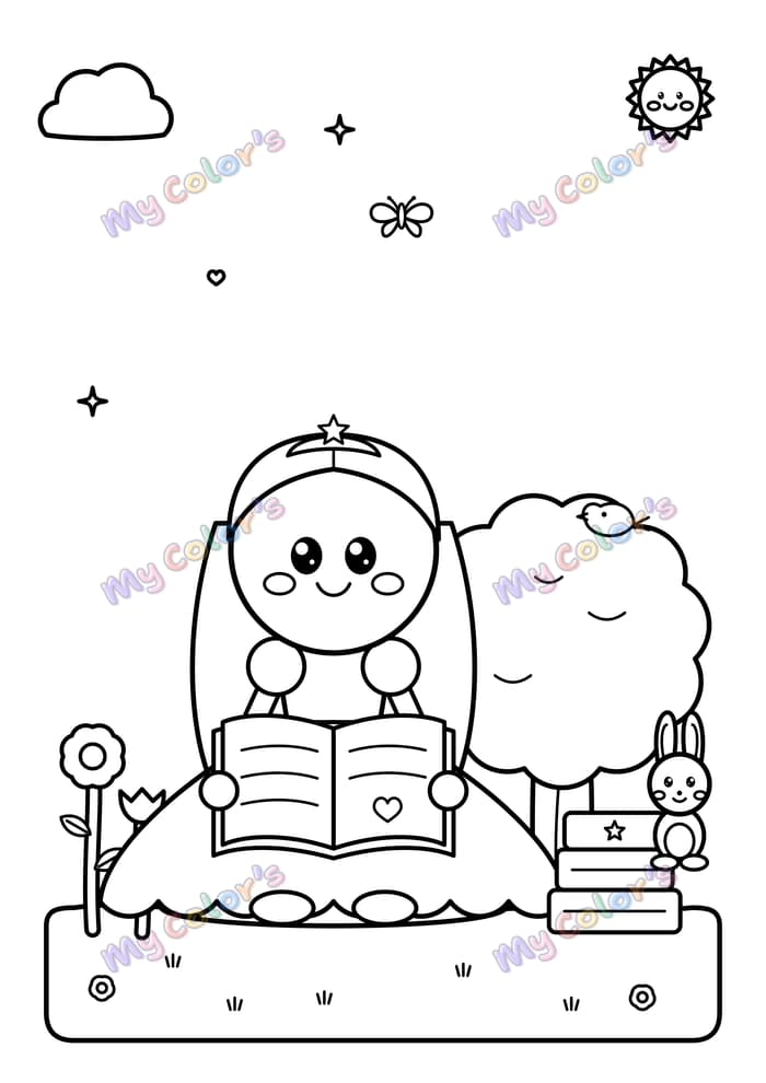 Coloriage La princesse qui lit un livre à imprimer