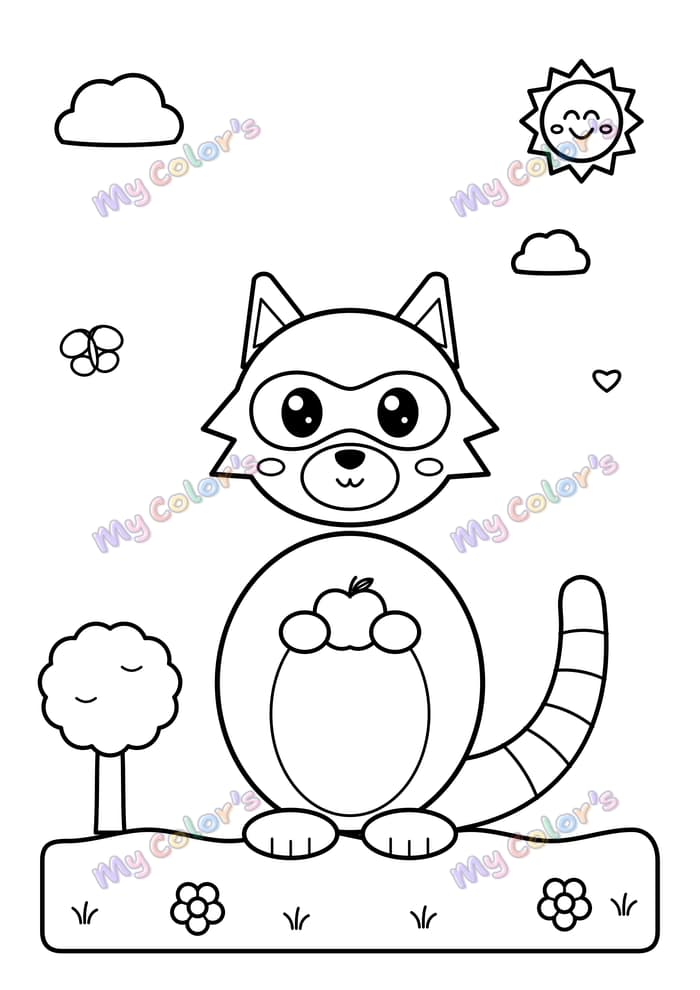 Coloriage Le raton laveur et sa pomme à imprimer