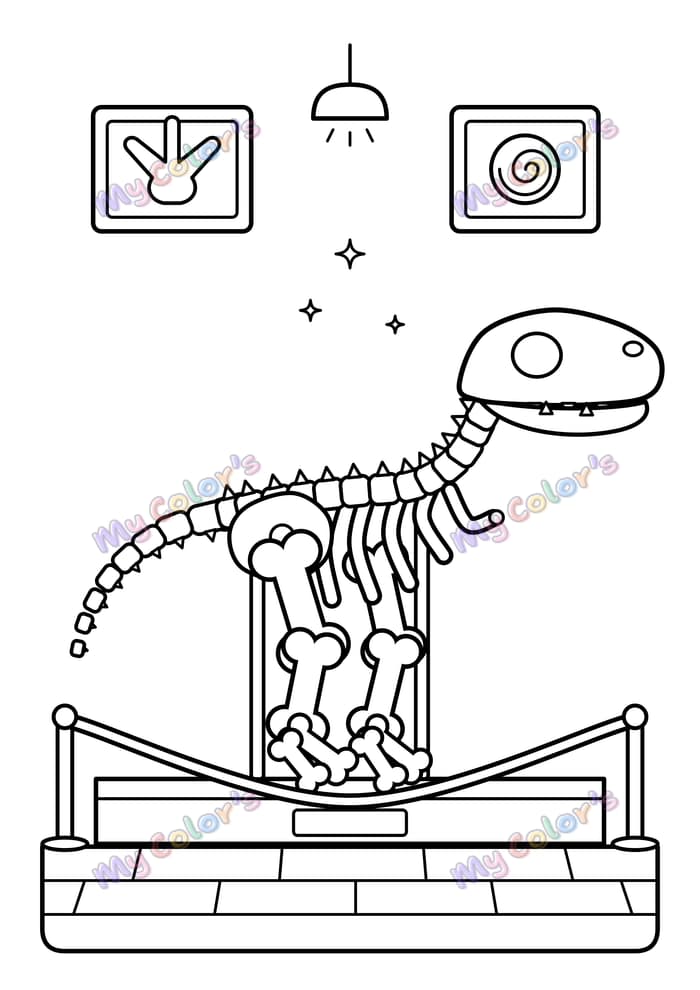 Coloriage Le squelette de dinosaure au musée à imprimer