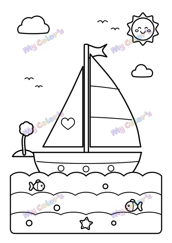 Coloriage Le voilier sur les vagues à imprimer
